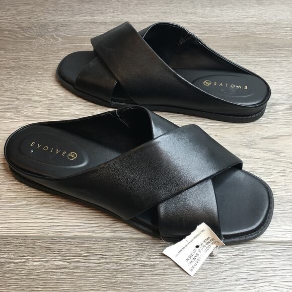 NWT Evolve Womens Black Odyssa Leather Xband Crisscross Slide Flat Sandal 9.5W - Picture 2 of 8